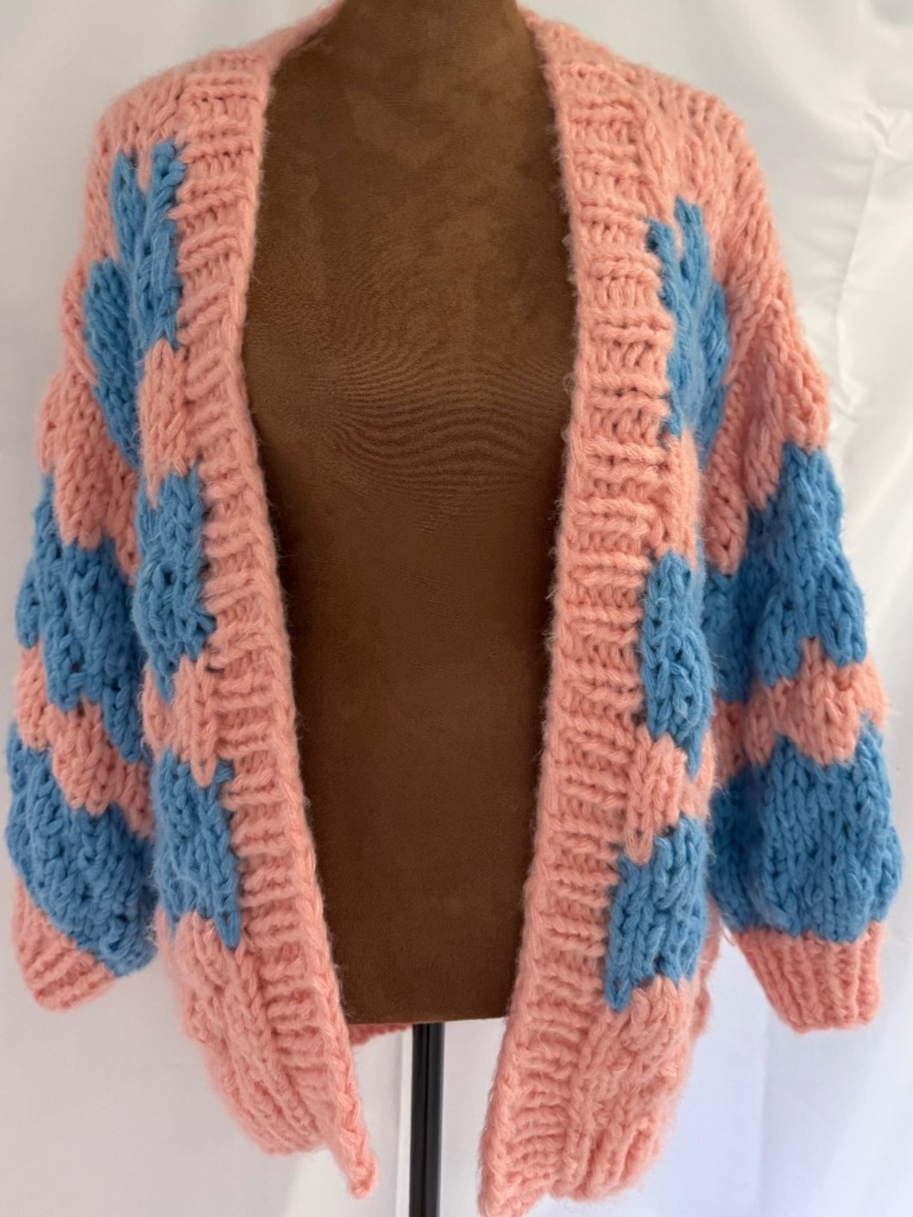 SAACHI Chunky Hand Knitted Chevron Wave Cardigan Pink Blue One Size